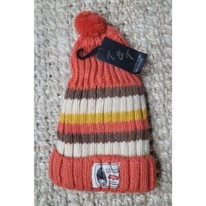 T&T Orange & Beige Knitted Unisex Striped Fleece Warm Fur Lined Pom Beanie Hat